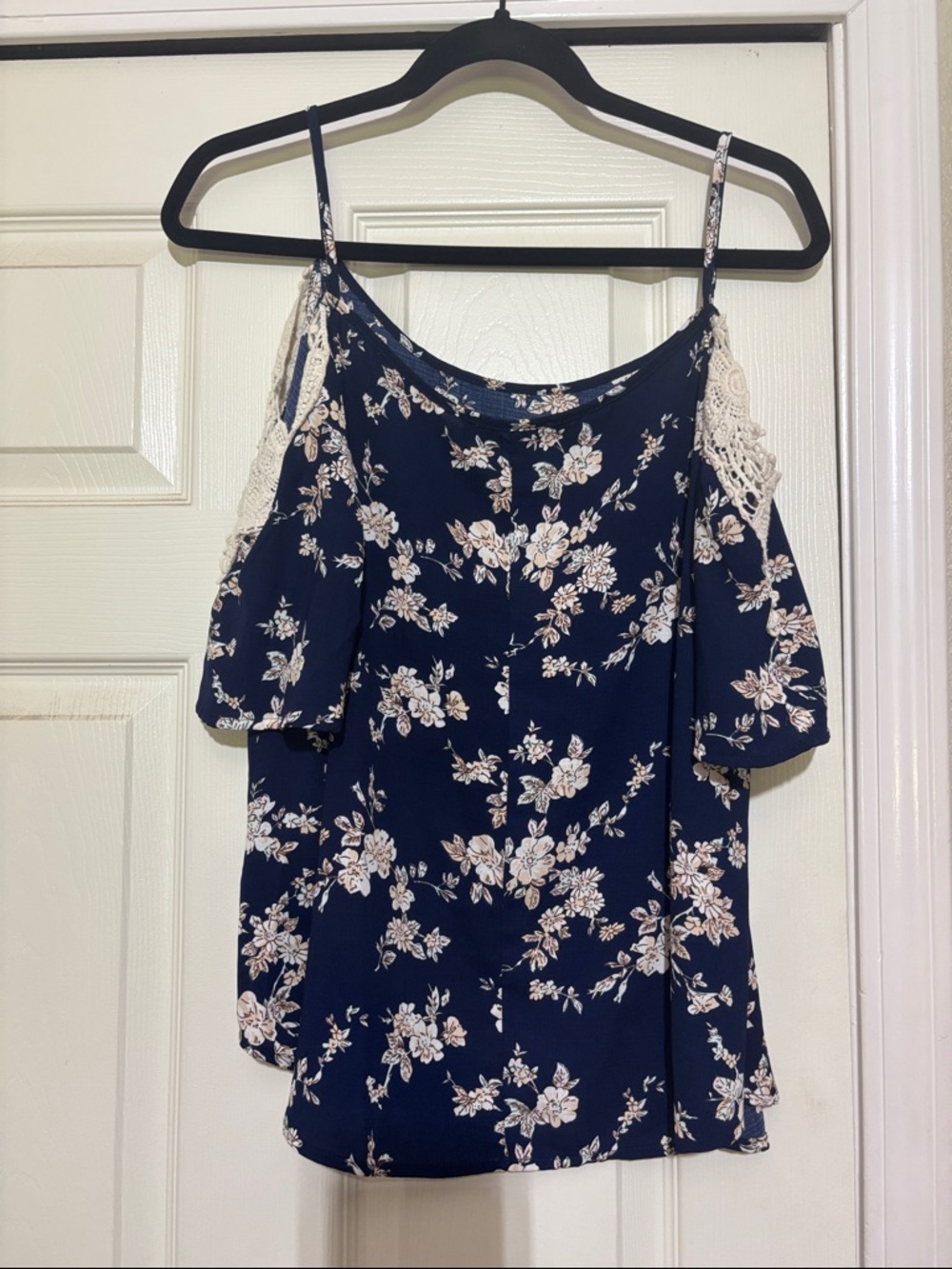 Le Lis Navy Floral Cold-Shoulder Camisole with Crochet Trim